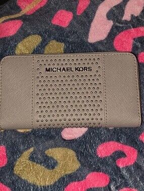 Michael Kors Gray Perforated Zip Wallet with Silver Logo